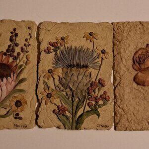 Vintage Botanical Wall Art Plaque Set Rose, Cynara, Protea Raised Floral Design